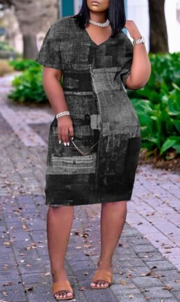 Fashion Casual Print Basic V Neck Short Sleeve Dress