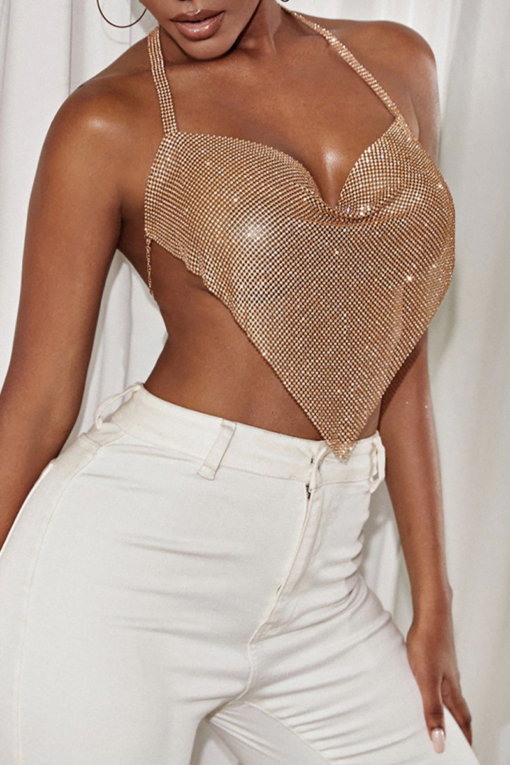 Champagne Sexy Patchwork Sequins Halter Tops