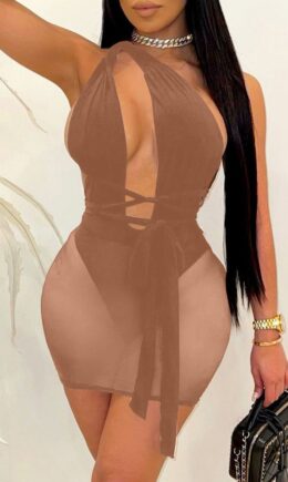 Fashion Sexy Patchwork Bandage Hollowed Out Backless One Shoulder Sleeveless Dress