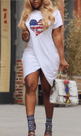 Casual Print Split Joint O Neck Irregular Dress Dresses