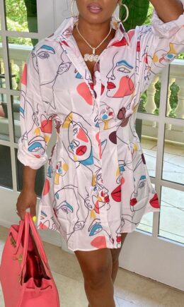 Street Print Split Joint Turndown Collar Shirt Dress Dresses