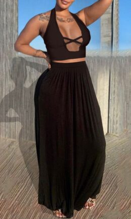 Sexy Casual Solid Hollowed Out Backless Halter Sleeveless Two Pieces
