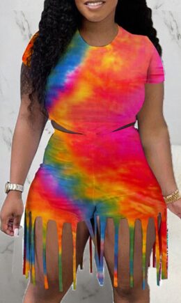 Fashion Print Tie Dye Tassel O Neck Short Sleeve Two Pieces