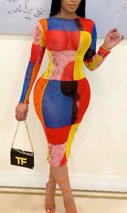 Sexy Print Split Joint O Neck Pencil Skirt Dresses