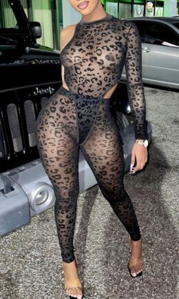 Fashion Sexy Print Hollowed Out See-through O Neck Long Sleeve Two Pieces