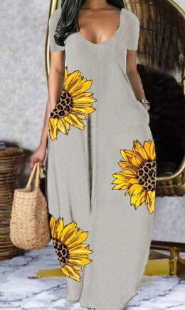 Casual Print Split Joint V Neck Short Sleeve Dress Dresses