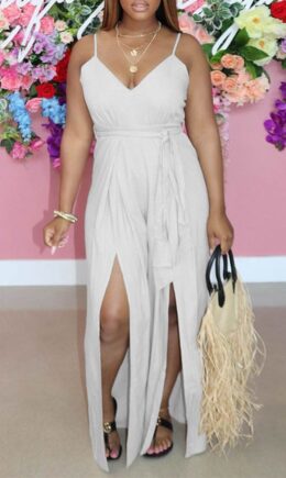 Fashion Sexy Solid Backless Slit V Neck Sling Dress