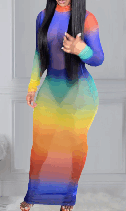 Rainbow Color Sexy Patchwork Tie-dye Half A Turtleneck Pencil Skirt Dresses