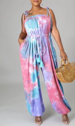 Sexy Casual Print Tie Dye Strap Design Spaghetti Strap Regular Jumpsuits