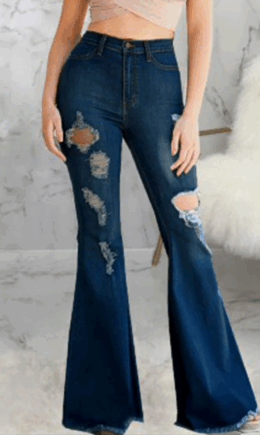Casual Solid Ripped Mid Waist Boot Cut Denim Jeans