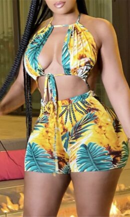 Sexy Print Hollowed Out Backless Strap Design Halter Regular Jumpsuits