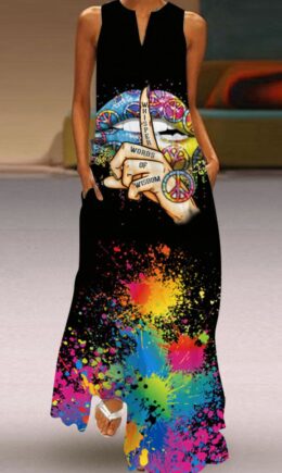 Casual Print Split Joint V Neck Printed Dress Dresses