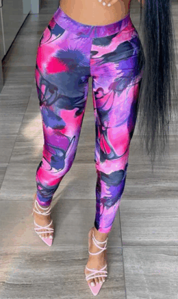 Fuchsia Sexy Print Split Joint Skinny High Waist Pencil Full Print Bottoms