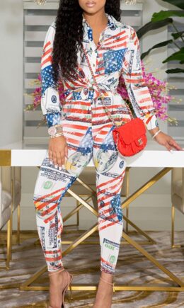 Street Print Split Joint Shirt Collar Long Sleeve Two Pieces