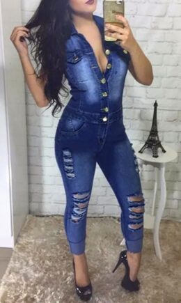 The cowboy blue Fashion Casual Solid Ripped Buttons Turndown Collar Regular Jumpsuits