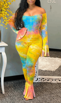 Sexy Patchwork Tie-dye Off the Shoulder Boot Cut Jumpsuits