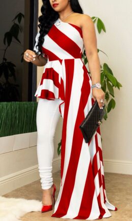 Street Striped Print Split Joint Asymmetrical Oblique Collar Irregular Dress Dresses