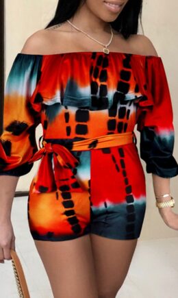Sexy Casual Print Backless Off the Shoulder Regular Romper