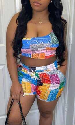 Street Geometric Print Split Joint Oblique Collar Sleeveless Two Pieces