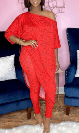 Casual Print Split Joint One Shoulder Half Sleeve Two Pieces