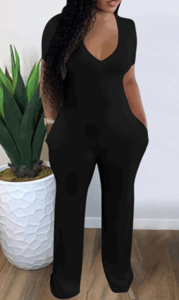 Casual Solid Split Joint V Neck Skinny Jumpsuits