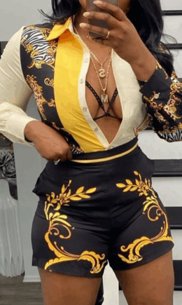 Casual Print Split Joint Turndown Collar Long Sleeve Two Pieces