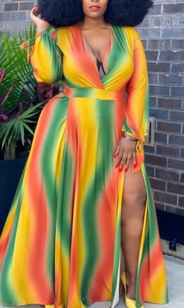 Casual Gradual Change Print Bandage Split Joint Slit V Neck Straight Plus Size Dresses