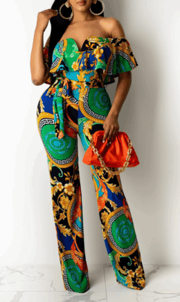Sexy Print Split Joint Off the Shoulder Straight Jumpsuits