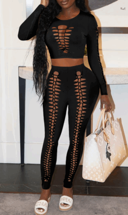 Sexy Solid Ripped O Neck Long Sleeve Two Pieces