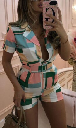 Street Geometric Print Split Joint Turn-back Collar Straight Jumpsuits
