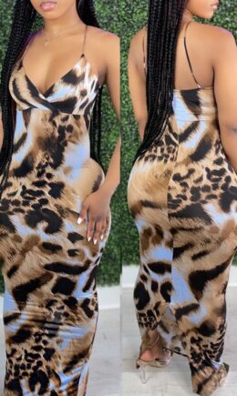 Leopard Print Fashion Sexy Print Backless V Neck Sling Dress