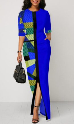 Casual Color Lump Print Split Joint Slit O Neck Straight Dresses
