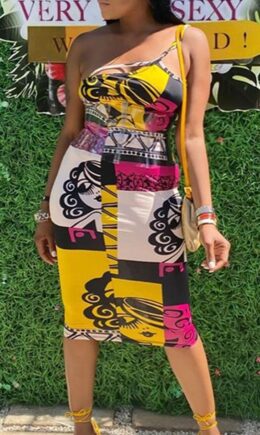 Street Print Split Joint Spaghetti Strap Pencil Skirt Dresses
