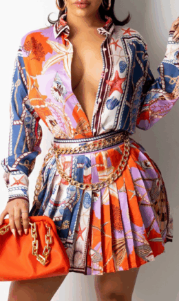 Casual Print Split Joint Turndown Collar Long Sleeve Two Pieces