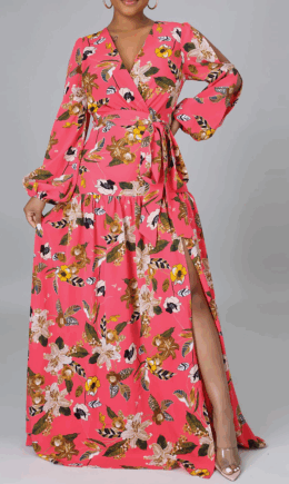 Casual Print Patch V Neck Cake Skirt Dresses