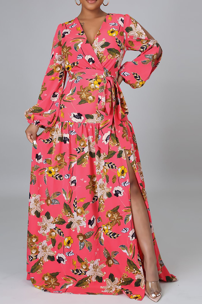 Casual Print Patchwork V Neck Cake Skirt Dresses(3 Colors)