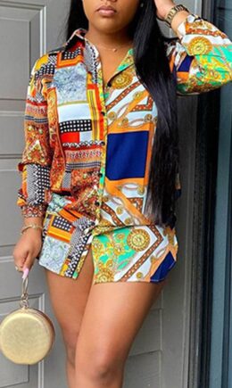Multi-color Casual Print Split Joint Buckle Turndown Collar Tops