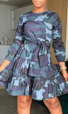 Casual Print Split Joint O Neck Cake Skirt Dresses