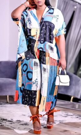 Fashion Casual Print Asymmetrical Turndown Collar Three Quarter Two Pieces