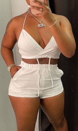 Sportswear Solid Split Joint Frenulum Halter Sleeveless Two Pieces