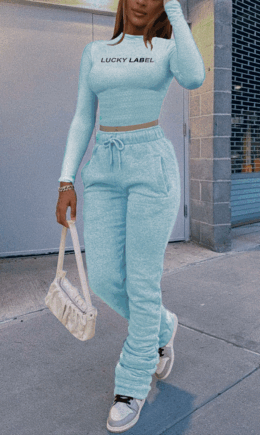 Casual Print Letter Turtleneck Long Sleeve Two Pieces