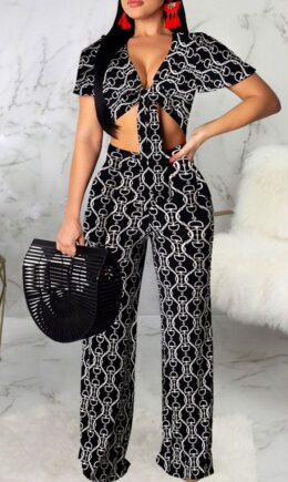 Sexy Print Bandage Split Joint V Neck Short Sleeve Two Pieces