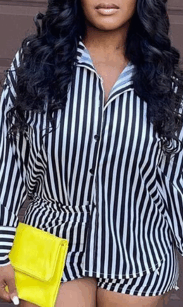 Casual Striped Split Joint Turndown Collar Long Sleeve Two Pieces