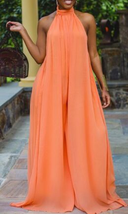 Fashion Casual Mesh Sleeveless Hanging neck Jumpsuits