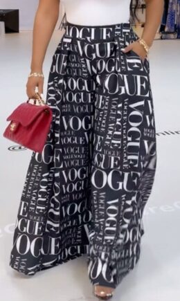 College Print Split Joint Loose High Waist Wide Leg Full Print Bottoms