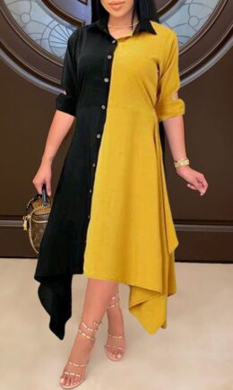 Fashion Casual Patchwork Asymmetrical Turndown Collar Shirt Dress