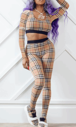 Casual Plaid Split Joint O Neck Long Sleeve Two Pieces