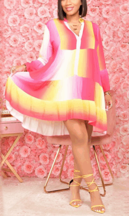 Casual Patchwork Tie-dye V Neck Cake Skirt Dresses