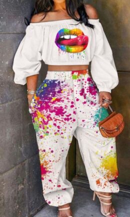 Casual Print Split Joint Off the Shoulder Long Sleeve Two Pieces