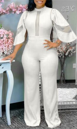 Fashion Casual Solid Split Joint See-through Half A Turtleneck Regular Jumpsuits